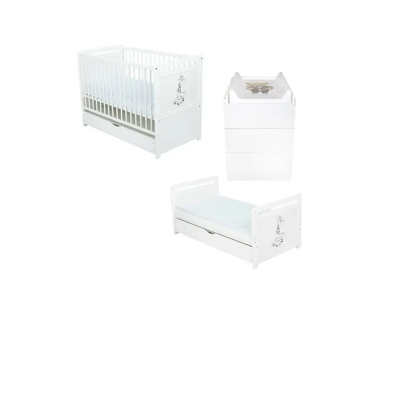 Set mobilier pentru copii, BabyNeeds: Patut multifunctional din lemn de pin, transformabil junior, cu sertar si somiera reglabila in 3 trepte, Nadia II, 120x60 cm + Saltea cocos-burete 8 cm + Comoda cu masa de infasat, Alb