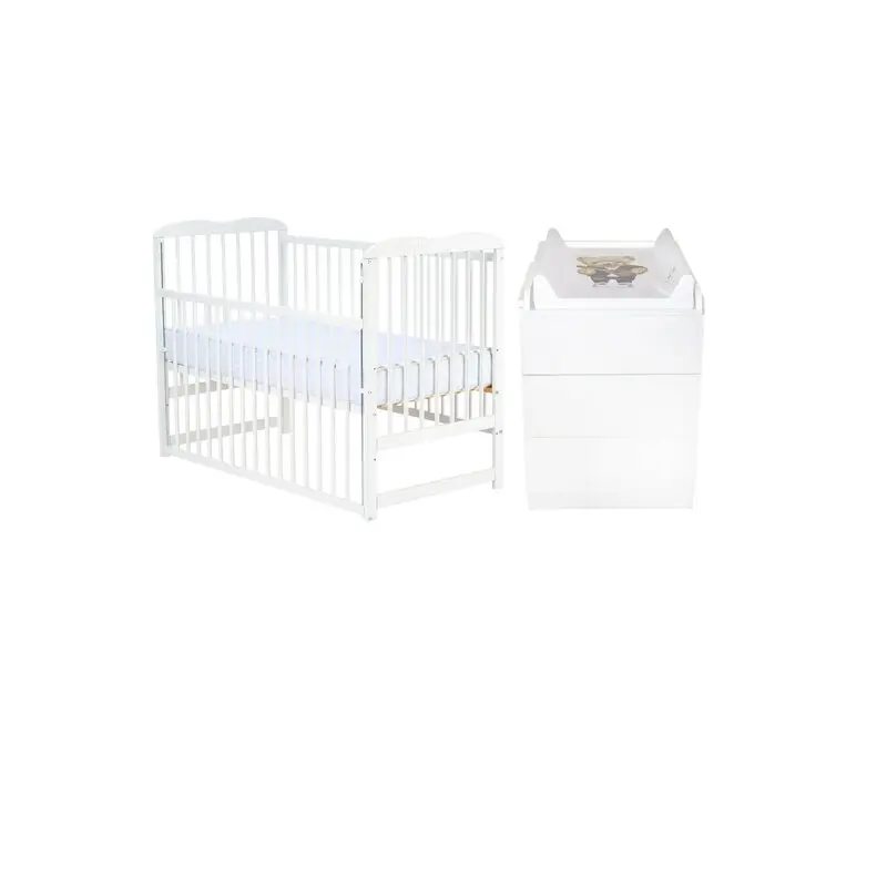 Set mobilier pentru copii, Qmini: Patut din lemn de pin cu roti, cu laterala culisanta si somiera reglabila in 3 trepte, Agata, 120x60 cm + Saltea cocos-burete-cocos, 8 cm + Comoda cu masuta de infasat, Alb