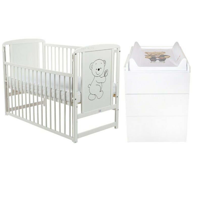 Set mobilier pentru copii, BabyNeeds: Patut din lemn de pin, cu laterala culisanta si somiera reglabila in 3 trepte, Timmi, 120x60 cm + Saltea cocos-burete-cocos, 10 cm + Comoda cu masuta de infasat, Alb