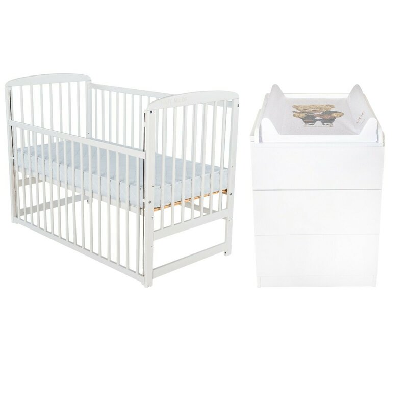 Set mobilier pentru copii, BabyNeeds: Patut din lemn de pin, cu laterala culisanta si somiera reglabila in 3 trepte, Ola, 120x60 cm + Saltea cocos-burete-cocos, 10 cm + Comoda cu masuta de infasat, Alb