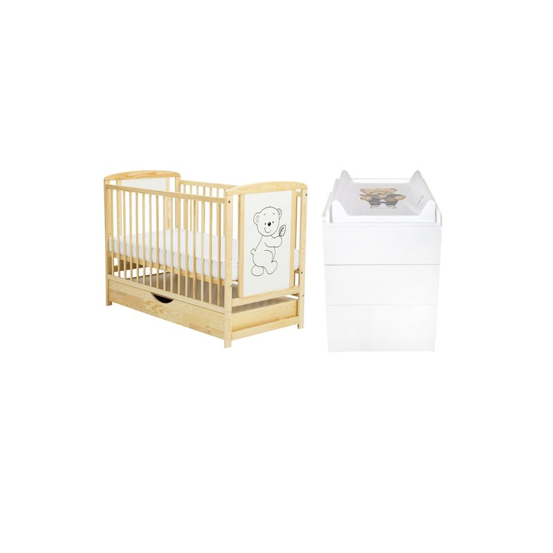 Set mobilier pentru copii, BabyNeeds: Patut din lemn de pin si MDF, cu sertar cu capac si somiera reglabila in 3 trepte, Timmi, 120x60 cm + Saltea cocos-burete-cocos, 10 cm + Comoda cu masuta de infasat, Alb/ Natur