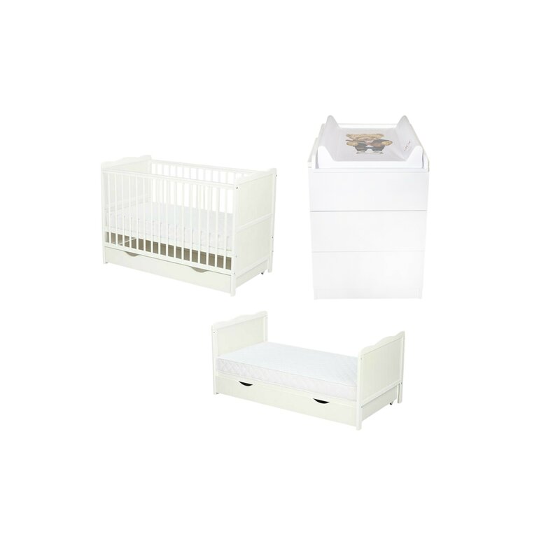 Set mobilier pentru copii, Qmini: Patut multifunctional din lemn de pin, cu sertar si somiera reglabila in 3 trepte, Julia, cu protectie dentitie, 120x60 cm + Saltea cocos-burete 10 cm + Comoda Qmini cu masa infasat, Alb