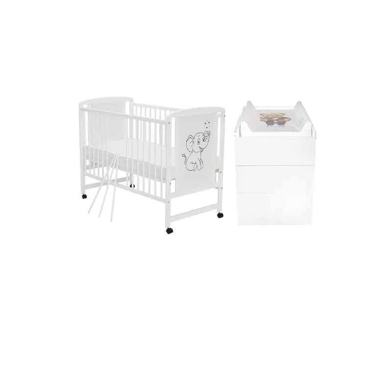 Set mobilier pentru copii, Qmini: Patut din lemn de pin si MDF cu roti, cu somiera reglabila in 3 trepte, Timmi Elefant, 120x60 cm + Saltea cocos-burete-cocos, 10 cm + Comoda cu masuta de infasat, Alb