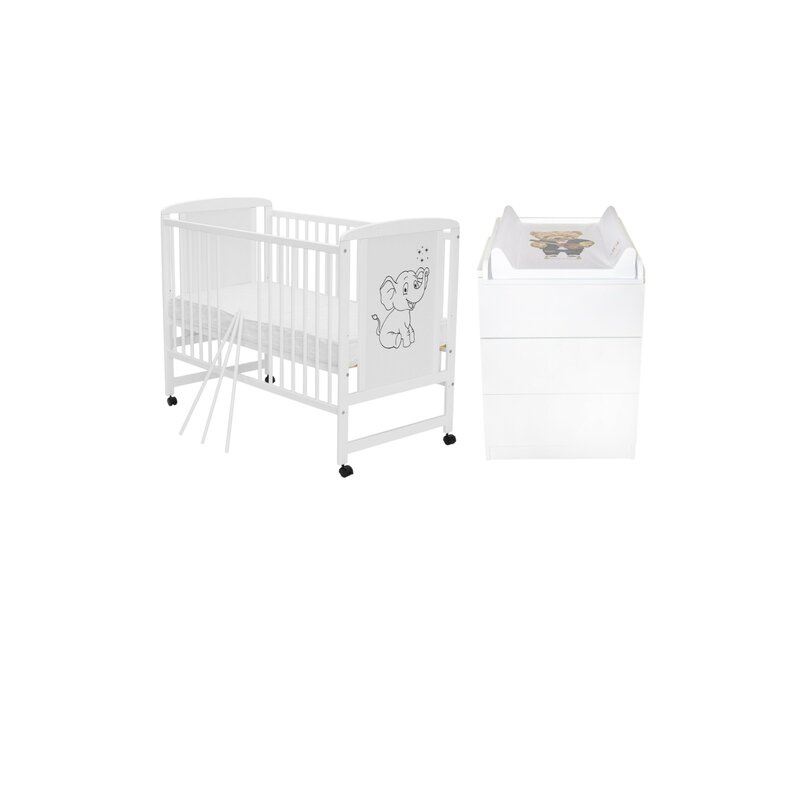 Set mobilier pentru copii, Qmini: Patut din lemn de pin si MDF cu roti, cu somiera reglabila in 3 trepte, Timmi Elefant, 120x60 cm + Saltea cocos-burete-cocos, 10 cm + Comoda cu masuta de infasat, Alb