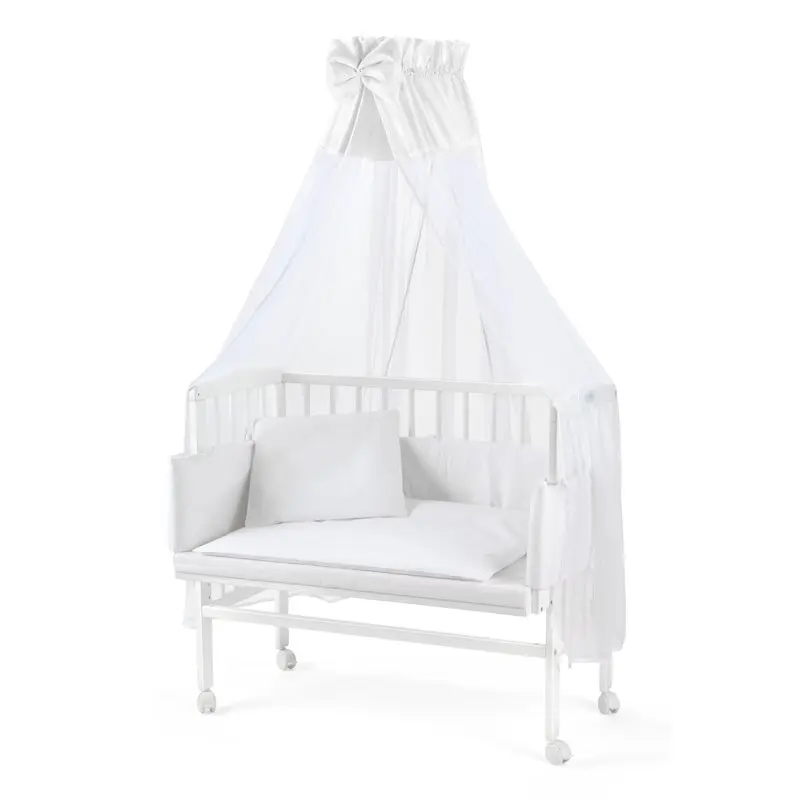 Patut co-sleeping Waldin, 90x55 cm, fag, vopsea certificata, roti, saltea, accesorii incluse, laterala detasabila, alb
