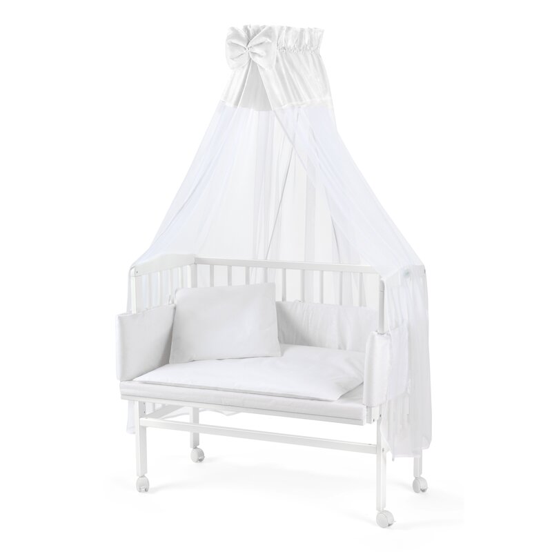 Patut co-sleeping Waldin, 90x55 cm, fag, vopsea certificata, roti, saltea, accesorii incluse, laterala detasabila, alb