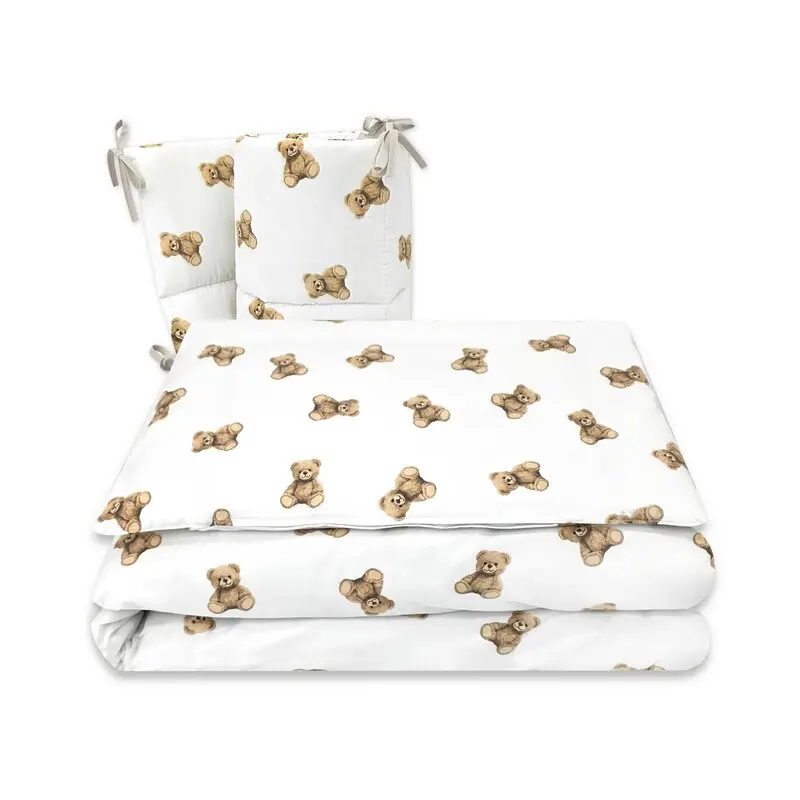 Lenjerie patut 3 piese, Qmini, Pentru patut 120x60 cm, Cu protectie laterala, Din bumbac certificat Oeko Tex Standard 100, Teddy Toys