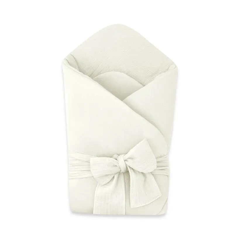 Paturica de infasat, Qmini, Din muselina dubla, Cu inchidere cu panglica, Dimensiune 75x75 cm, Din material certificat Oeko Tex Standard 100, Cream
