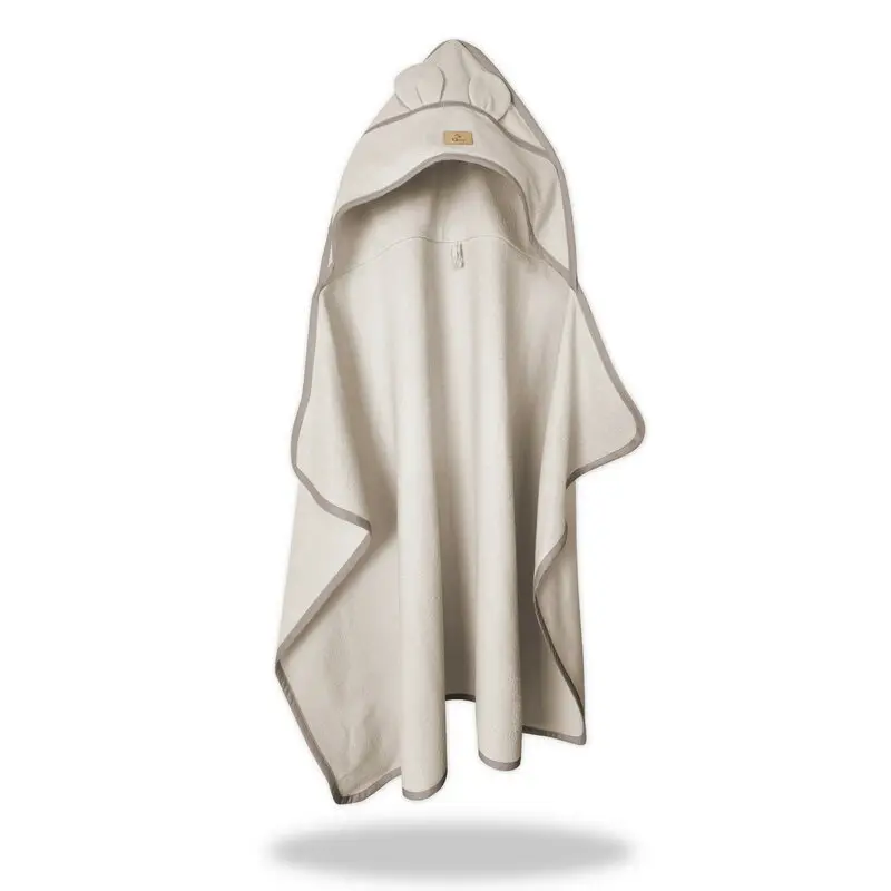 Prosop cu gluga pentru juniori, Qmini, Cu urechi si agatatoare, Dimensiune 120x85cm, Din tricot termo-terry din bambus, Materiale certificate Oeko Tex Standard 100, Beige