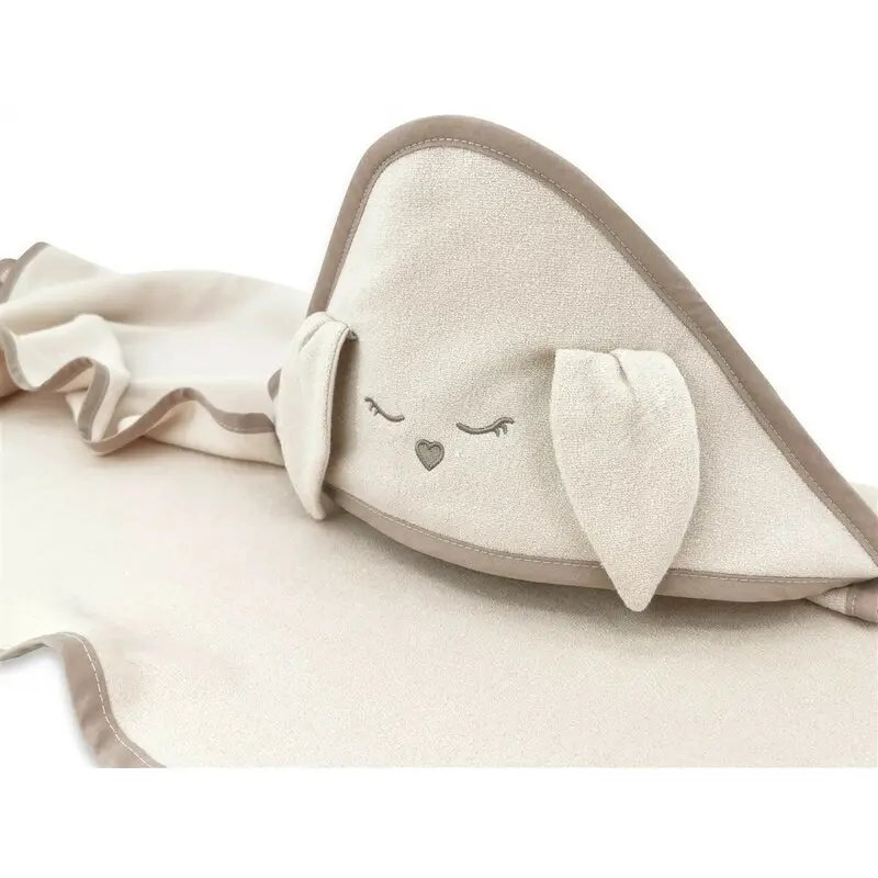Prosop cu gluga, Qmini, Mare, Cu broderie si urechi, Dimensiune 100x100 cm, Din tricot termo-terry din bambus, Materiale certificate Oeko Tex Standard 100, Rabbit Beige