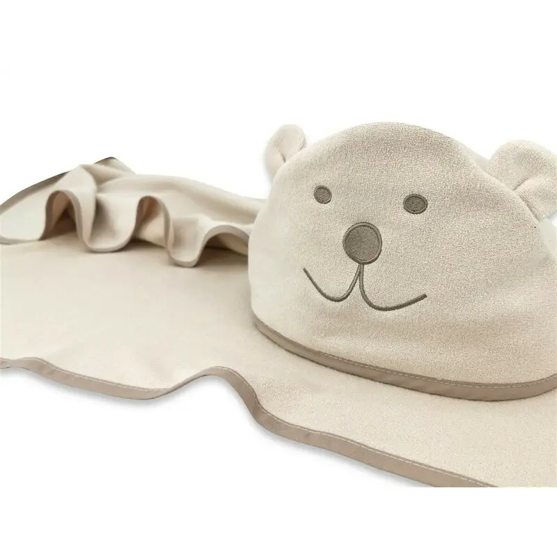 Prosop cu gluga, Qmini, Mare, Cu broderie si urechi, Dimensiune 100x100 cm, Din tricot termo-terry din bambus, Materiale certificate Oeko Tex Standard 100, Teddy Bear Beige