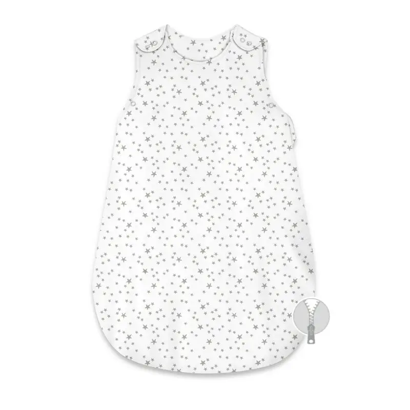 Sac de dormit, MimiNu, Pentru bebelusi, De iarna, Din bumbac certificat Oeko Tex Standard 100, Cu fermoar lateral, Cu capse pe umar, 74 cm, 0 - 6 luni, 2.5 Tog, Mini Gray Stars