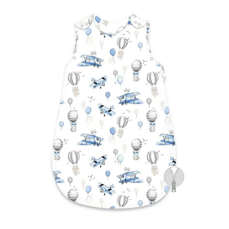 Sac de dormit, MimiNu, Pentru bebelusi, De iarna, Din bumbac certificat Oeko Tex Standard 100, Cu fermoar lateral, Cu capse pe umar, 74 cm, 0 - 6 luni, 2.5 Tog, Blue Plane