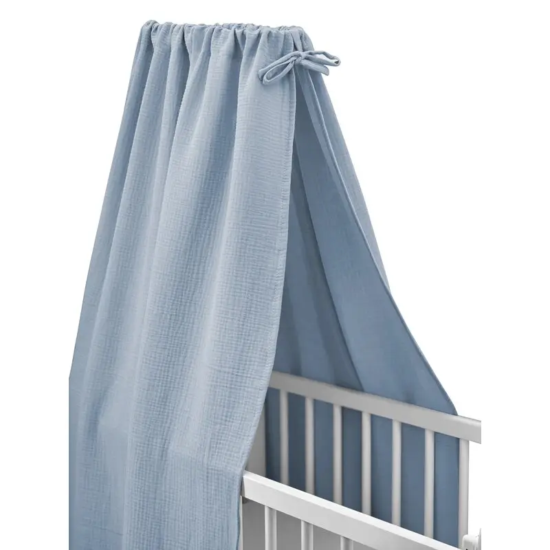 Baldachin cu suport metalic, Qmini, Pentru patut, leagan, Din muselina dubla 145x200 cm, Material certificat Oeko Tex Standard 100, Jeans