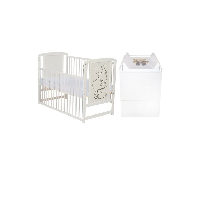 Set mobilier pentru copii, Qmini: Patut din lemn de pin cu roti, cu laterala culisanta si somiera reglabila in 3 trepte, Timmi Heart, 120x60 cm + Saltea cocos-burete-cocos, 12 cm + Comoda cu masuta de infasat, Alb
