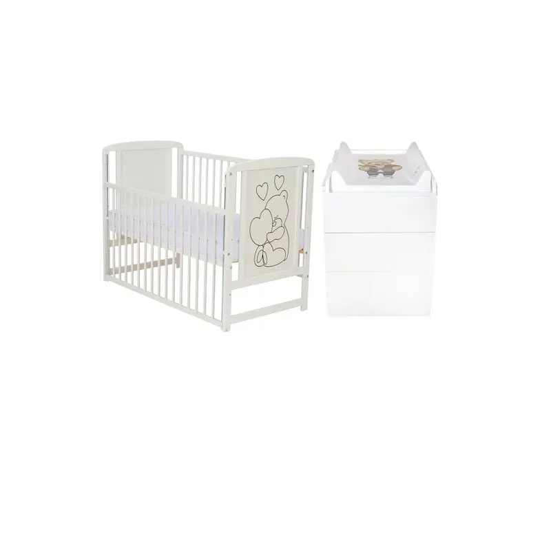 Set mobilier pentru copii, Qmini: Patut din lemn de pin cu roti, cu laterala culisanta si somiera reglabila in 3 trepte, Timmi Heart, 120x60 cm + Saltea cocos-burete-cocos, 10 cm + Comoda cu masuta de infasat, Alb