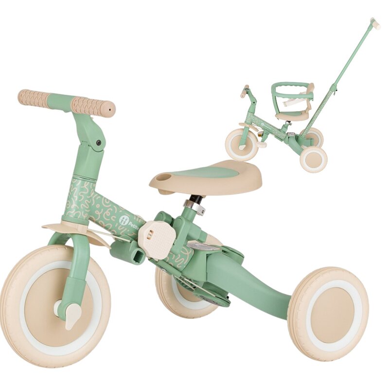 Tricicleta, Petite&Mars, Turbo, Editie limitata, 5 in 1, Multifunctionala, Vehicul de impins, Bicicleta cu/fara pedale, Cu maner de ghidaj, Detasabil, Roti din cauciuc, Pana la 25 kg, 1.5-5 ani, Green Twist