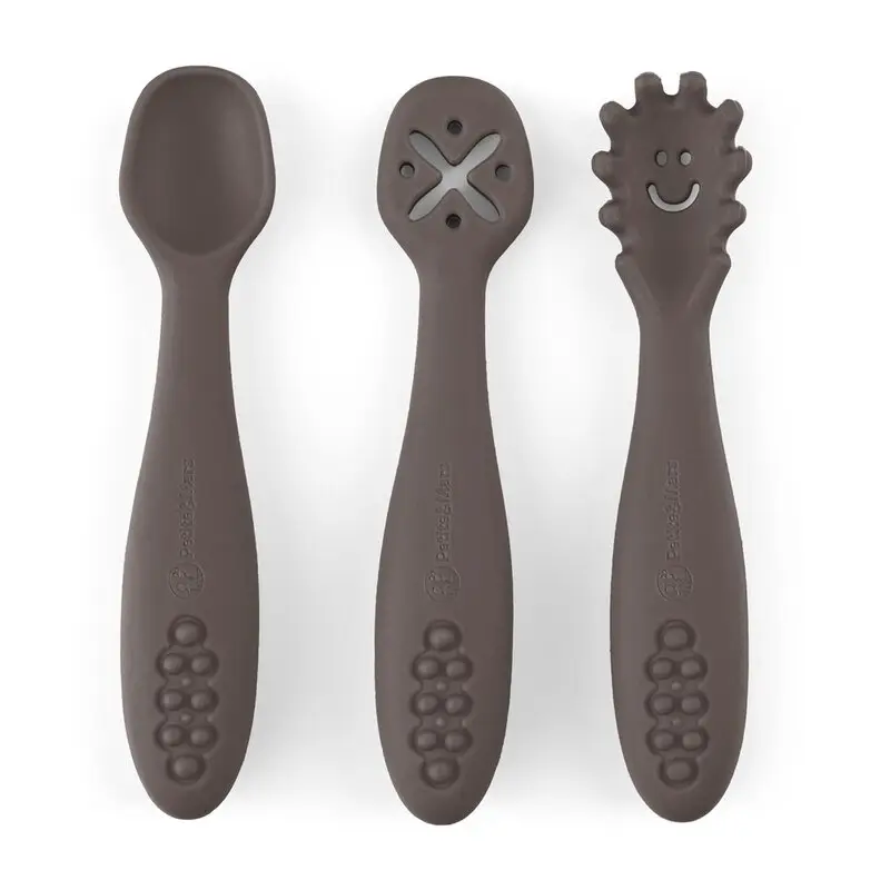 Set 3 lingurite, Petite&Mars, Take&Match, Din silicon, Diverse forme, Pentru supa, paste, alimente usoare, Dezvolta simturile si abilitatile senzoriale, Adecvate pentru masina de spalat vase, Fara BPA, 6 luni+, Bitter Cocoa, Maro