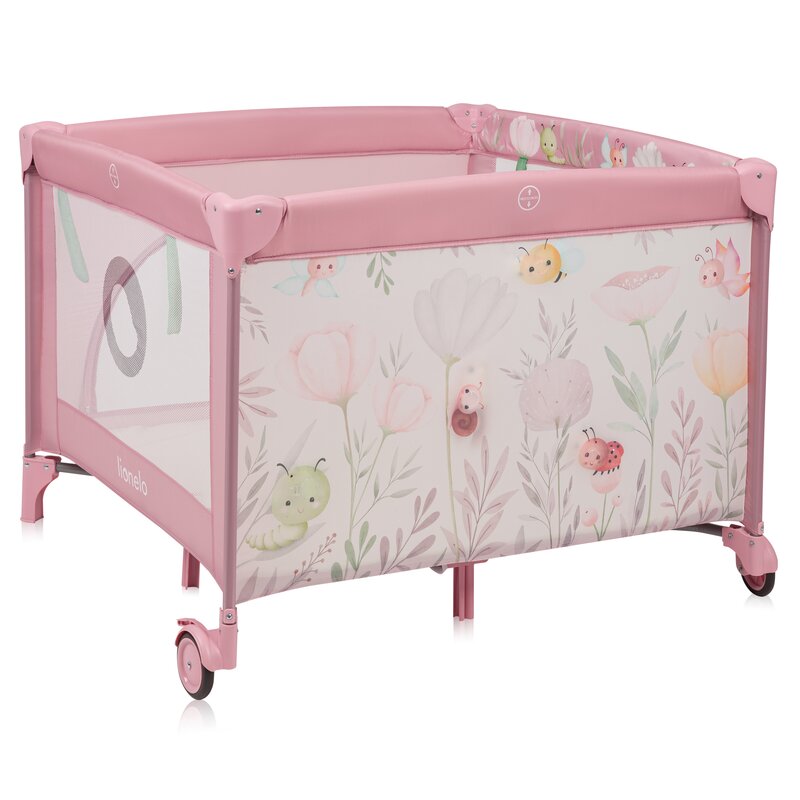 Tarc de joaca, Lionelo, Mille Plus, Pliabil, Include saltea cu densitate T25, 4 jucarii cu velcro, Manere textile, Geanta de transport, Cu roti si inchidere laterala, Pereti din plasa pentru vizibilitate si aerisire, 100 x 100 x 77 cm, Roz