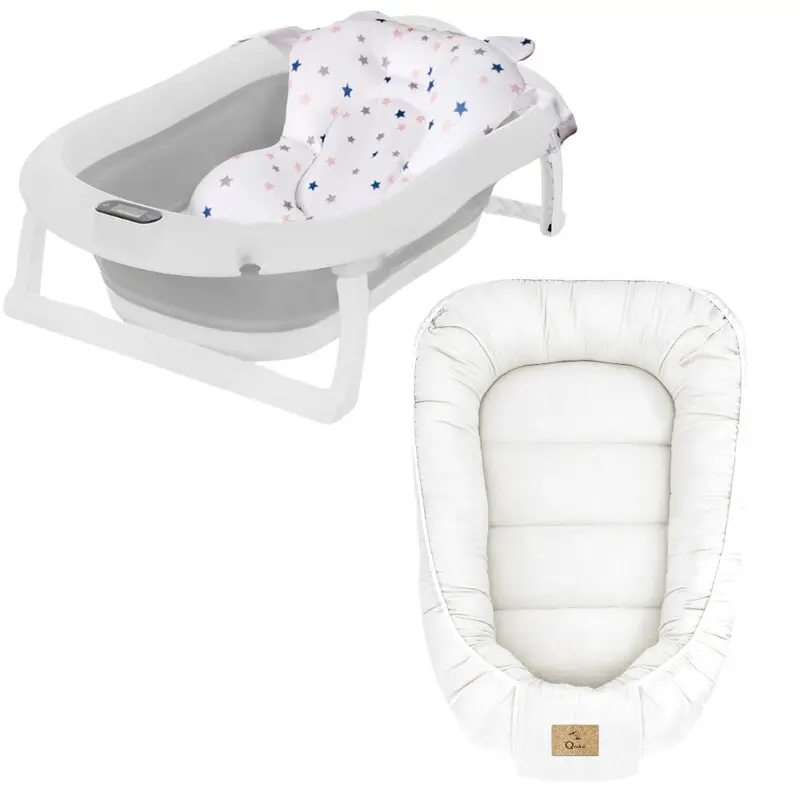 Set cadita pliabila Genua Premium, cu termometru, dop si suport anatomic, Gri si cosulet bebelus, Qmini, 55 x 75 cm, Husa 100% muselina dubla, Cream