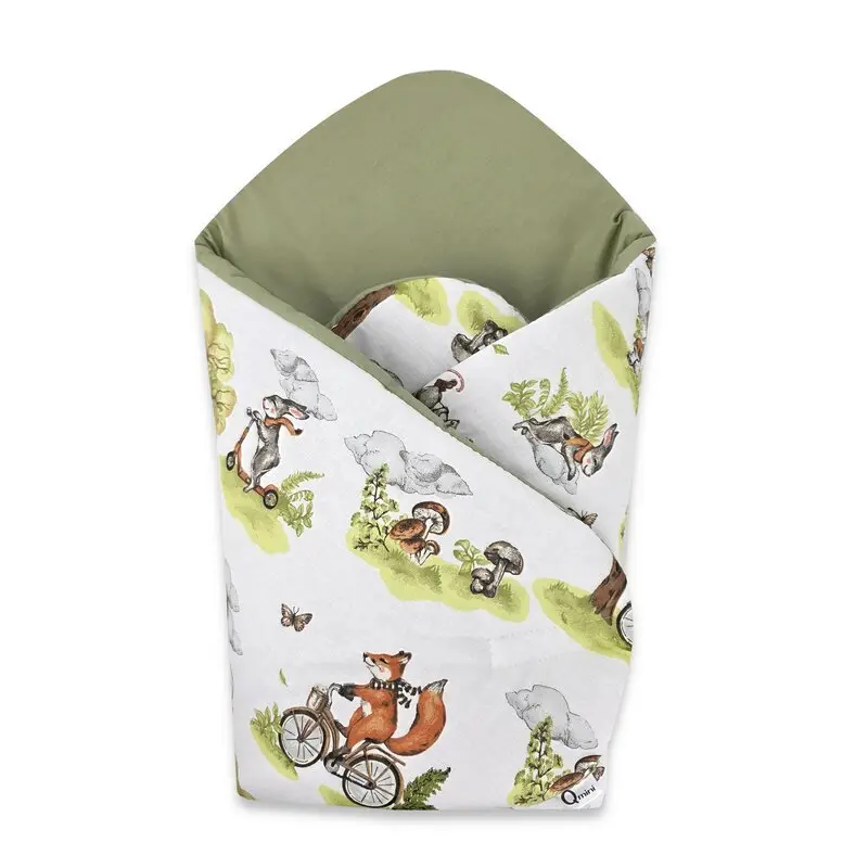 Paturica de infasat, Qmini, Cu doua fete, Cu multiple utilizari, Cu inchidere arici velcro, Dimensiune 75x75 cm, Din bumbac certificat Oeko Tex Standard 100, Fox on bikes Natural