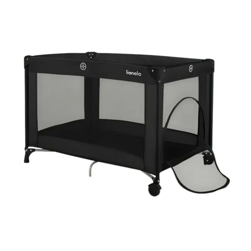 Patut pliant, Lionelo, Amelie, Cu intrare laterala, 100.5×70.5 cm, Include salteluta, roti, geanta pentru transport, Constructie usoara- 7 kg, Cadru stabil din otel, Negru