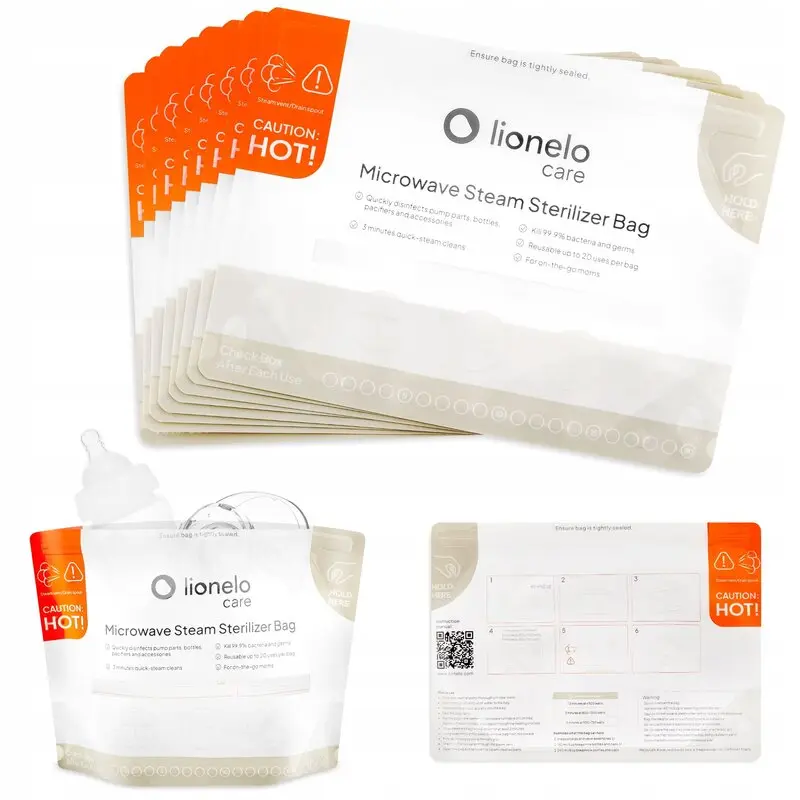 Pungi sterilizare microunde, Lionelo, Thermbag, Fara BPA, Sterilizare in 90 de sec., Elimina 99,9% dintre bacterii, Reutilizabile, 21x29 cm, 8 buc.