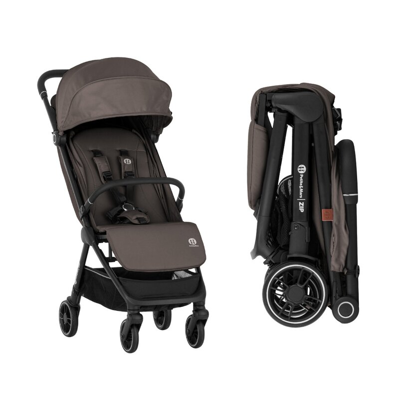Carucior sport, Petite&Mars, Zip, Pliere automata cu o mana, Potrivit pentru avion, De la nastere, Pana la 22 Kg, Pozitie de somn, Usor- 7kg, Capacitate cos- 5 kg, Reglare spatar, suport de picioare, Bara detasabila, Maro