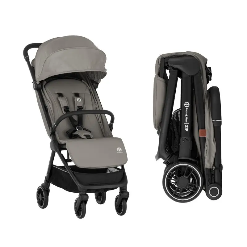 Carucior sport, Petite&Mars, Zip, Pliere automata cu o mana, Potrivit pentru avion, De la nastere, Pana la 22 Kg, Pozitie de somn, Usor- 7kg, Capacitate cos- 5 kg, Reglare spatar, suport de picioare, Bara detasabila, Gri