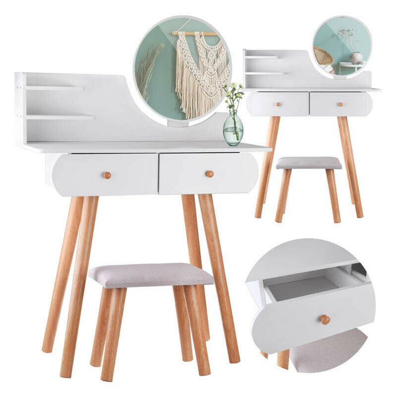 Masuta de toaleta, Jokomisiada, ZA4820, Din lemn, Pentru machiaj, Include masa, scaun, sertare, oglinda, 120 x 80 x 39 cm, Alb