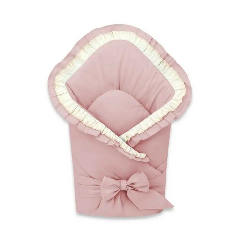 Paturica de infasat, MimiNu, Cu volanase si dantela, Cu multiple utilizari, Cu inchidere cu panglica, Dimensiune 75x75 cm, Din bumbac certificat Oeko Tex Standard 100, Powder Pink