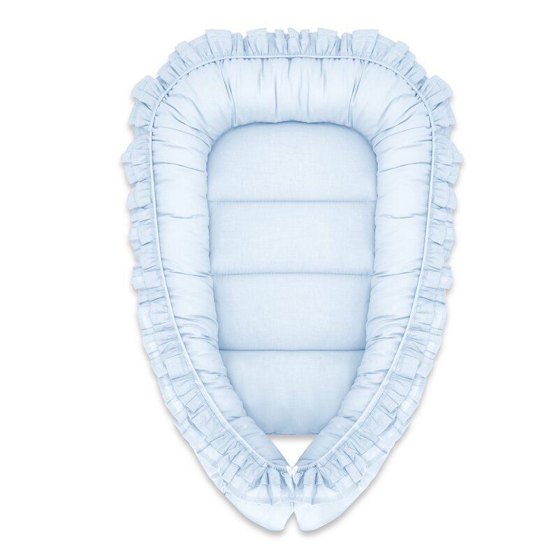 Cosulet bebelus, MimiNu, Pentru dormit, Baby Nest 55 x 75 cm, Cu Volanase, Husa 100% bumbac, Din bumbac certificat Oeko Tex Standard 100, Colectia Royal, Blue
