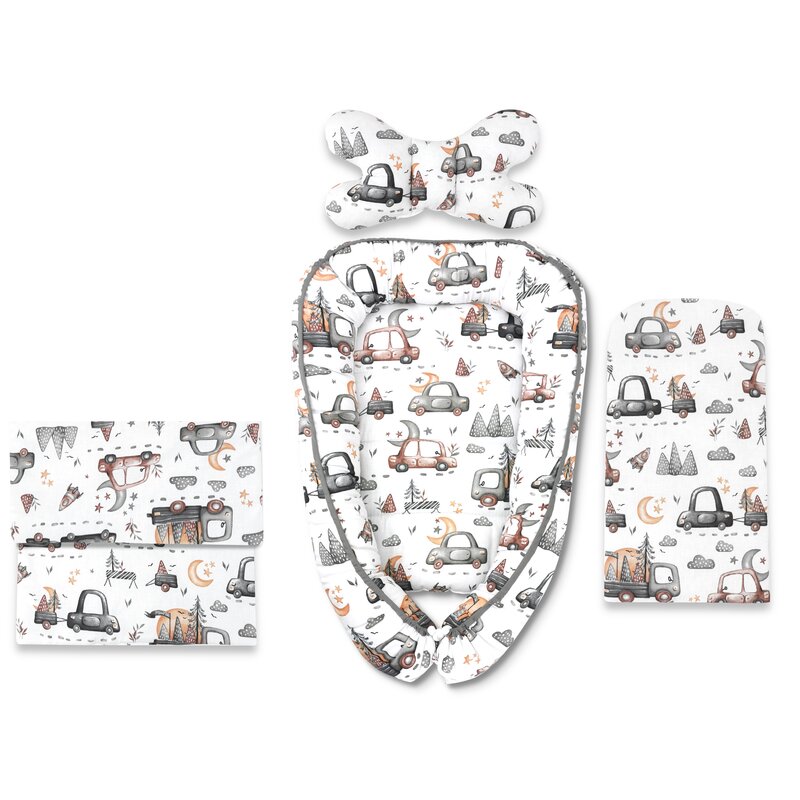 Set 4 in 1 Cosulet bebelus, MimiNu, Baby Cocoon 75x55 cm, Husa bumbac, Din bumbac certificat Oeko Tex Standard 100, Cu paturica 50x70 cm, Cu salteluta, Cu perna fluture, Design, Cars Grey