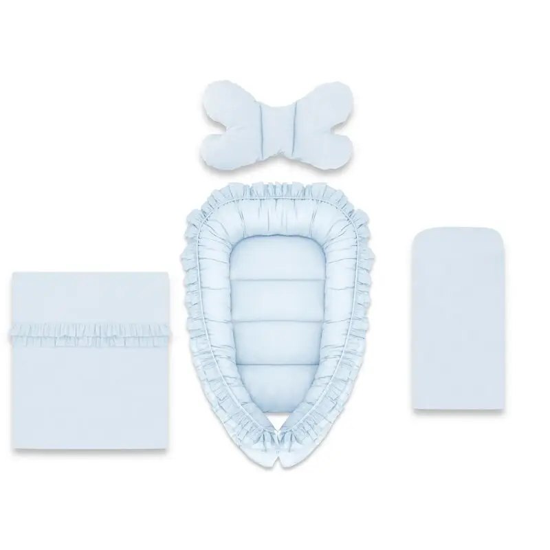Set 4 in 1 Cosulet bebelus, MimiNu, Baby Cocoon 75x55 cm, Cu volanase, Husa bumbac, Din bumbac certificat Oeko Tex Standard 100, Cu paturica cu volanase 50x70 cm, Cu salteluta, Cu perna fluture, Colectia Royal, Blue