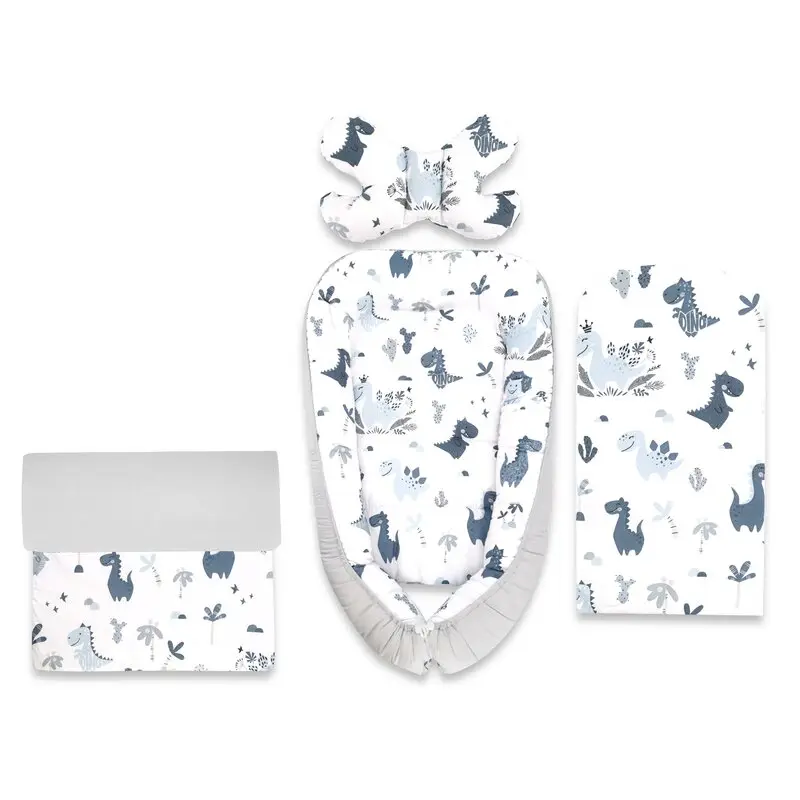 Set 4 in 1 Cosulet bebelus, MimiNu, Baby Cocoon 75x55 cm, Husa bumbac, Din bumbac certificat Oeko Tex Standard 100, Cu paturica 50x70 cm, Cu salteluta, Cu perna fluture, Dino Granat