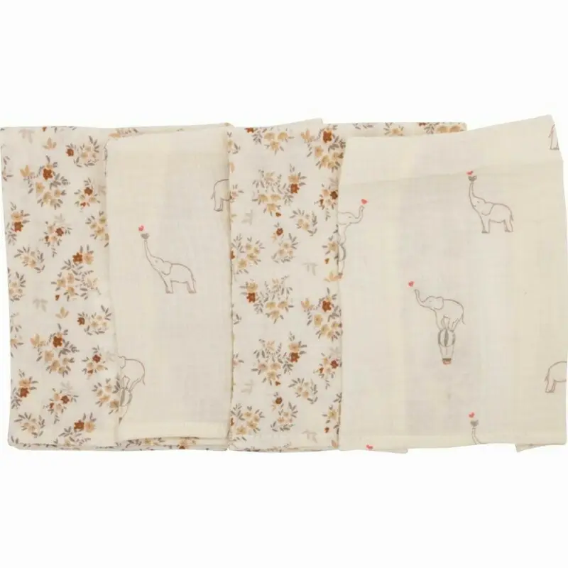 Set 4 lavete, Bubaba, Din muselina, Dimensiune 40x40 cm, Pentru spalarea si ingrijirea fetei si a corpului bebelusului dupa masa sau baita, Beige Elephant