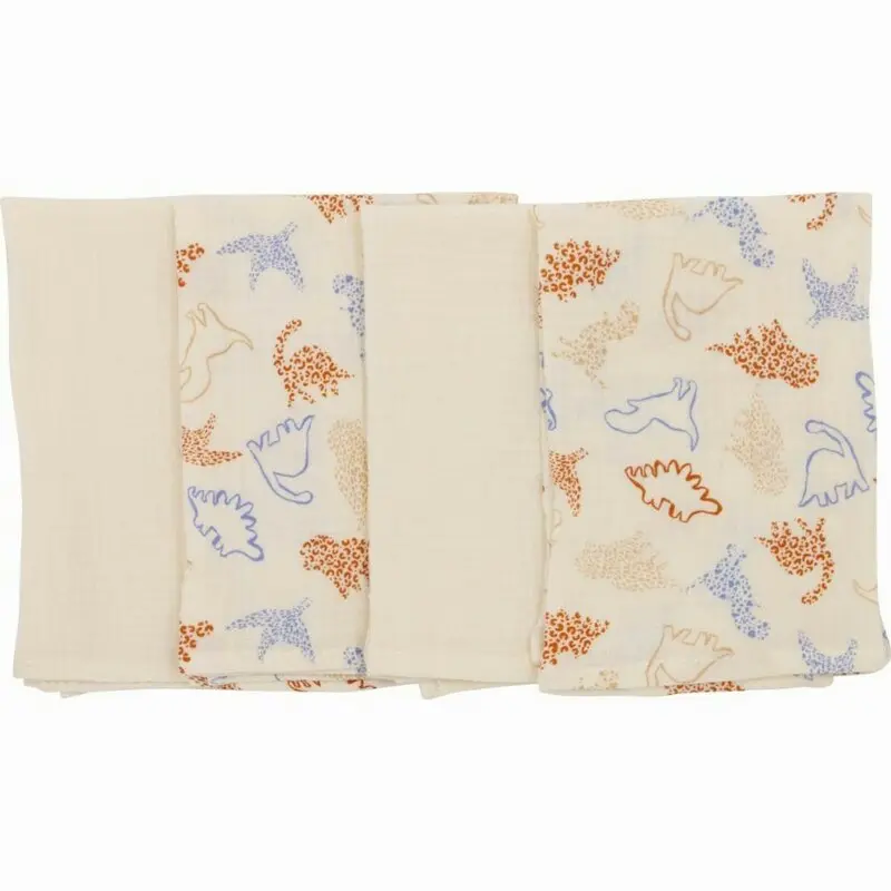 Set 4 lavete, Bubaba, Din muselina, Dimensiune 40x40 cm, Pentru spalarea si ingrijirea fetei si a corpului bebelusului dupa masa sau baita, Beige Animals