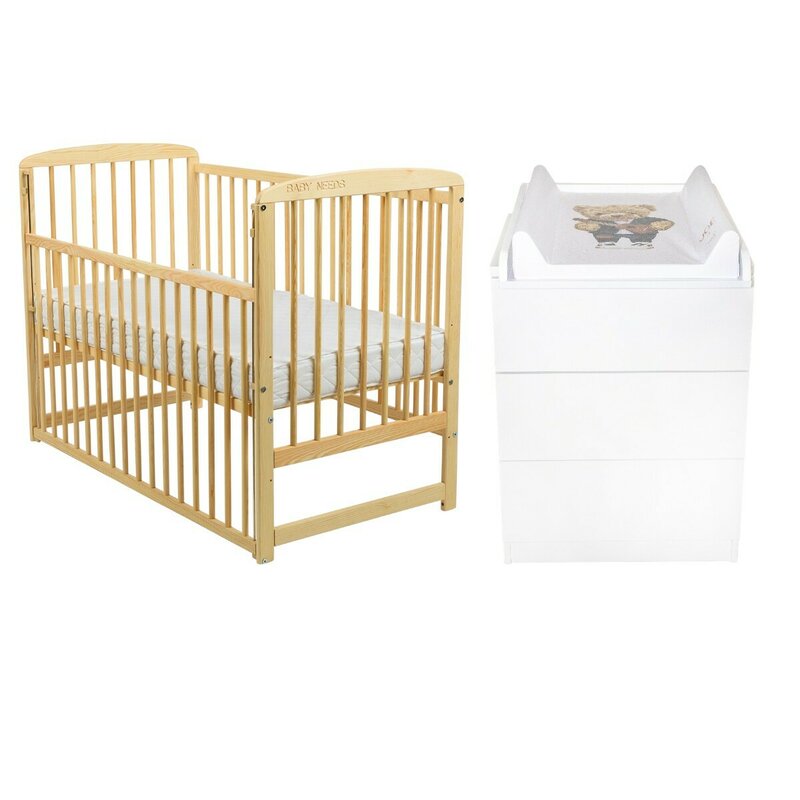 Set mobilier pentru copii, BabyNeeds: Patut din lemn de pin, cu laterala culisanta si somiera reglabila in 3 trepte, Ola, 120x60 cm + Saltea cocos-burete-cocos, 10 cm + Comoda cu masuta de infasat, Alb/Natur