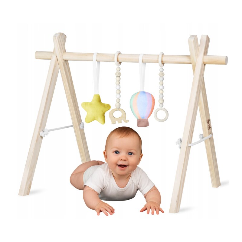 Arcada de activitati Montessori, Lionelo, Anis, Din lemn de pin, Jucarii plus, 4 jucarii suspendate, Stimuleaza simturile, Pliere rapida, 0+ luni, Multicolor