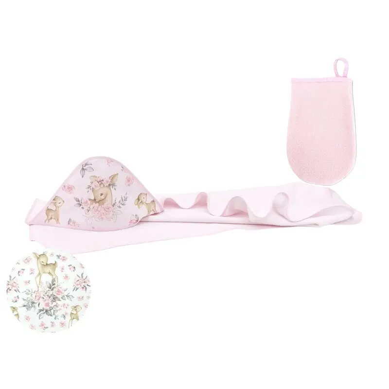 Set prosop mare cu gluga, MimiNu, Dimensiune 100x100 cm + Manusa de baie bebelusi, 12x21 cm, Materiale certificate Oeko Tex Standard 100, Sweet Deer Pink