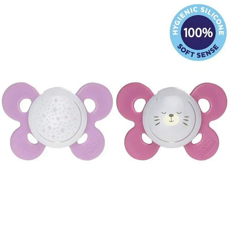 Set suzete bebelusi, Chicco, Physio Comfort, Ortodontice si fiziologice, 16-36 luni, Silicon moale igienic, Luminoase noaptea, Ventilate, Fara BPA, Roz