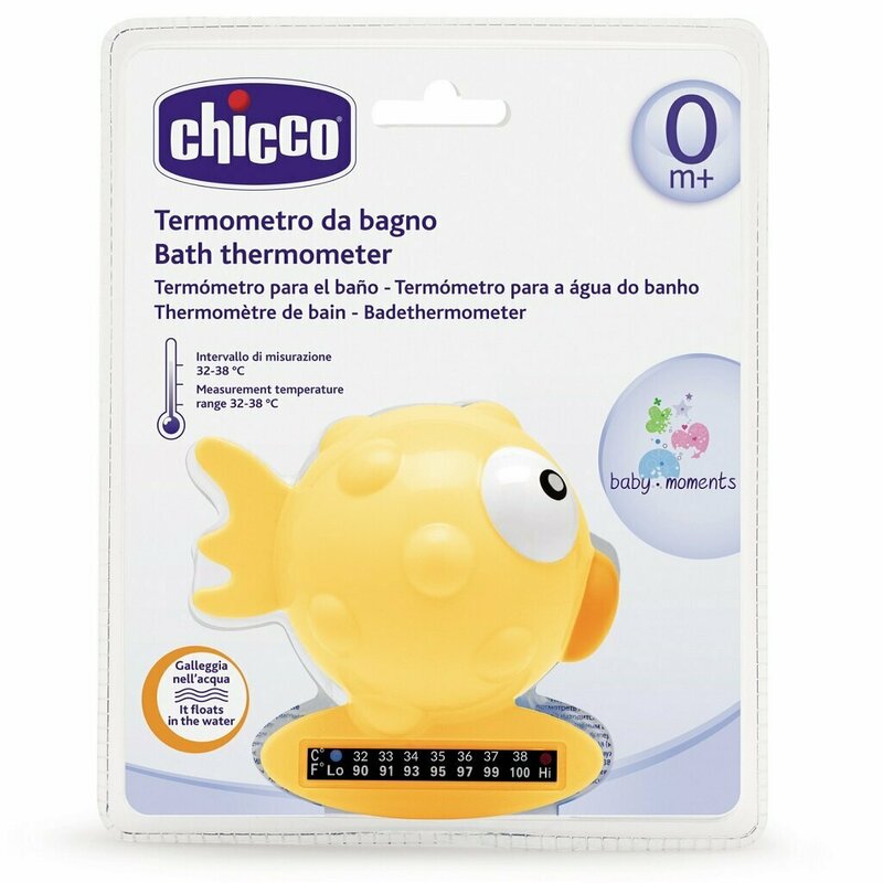 Termometru de baie pestisor, Chicco, Cu banda termosensibila, Plutitor, Interval masurare 32-40 grade Celsius, Utilizabil si ca jucarie de baie, 0 luni+, Portocaliu