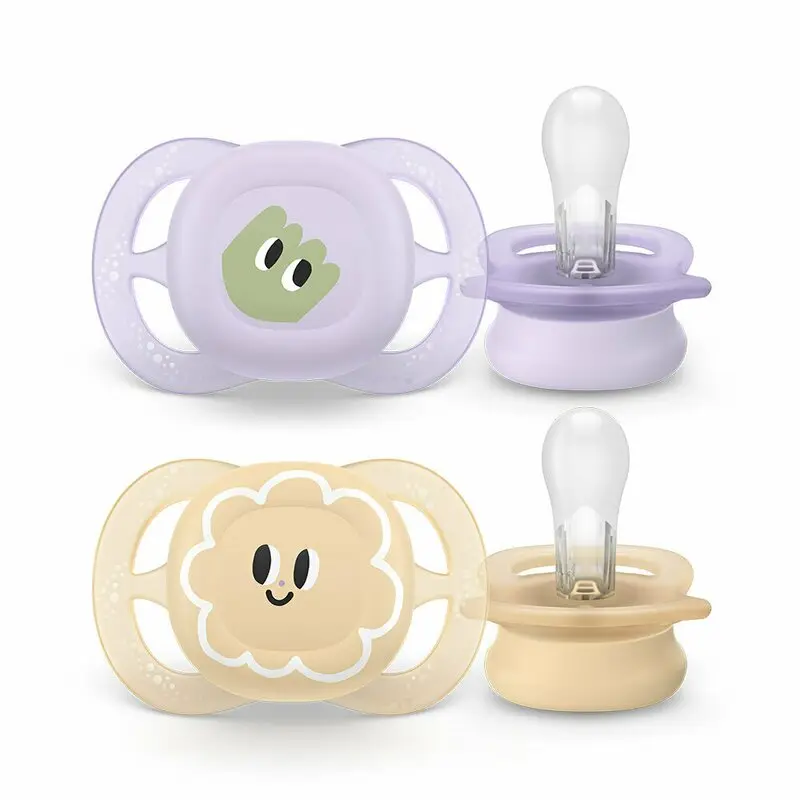 Set 2 suzete bebelusi, Philips Avent, Ultra Start, Ortodontice, Silicon moale, Usoare, Fara inel si fara BPA, Conceputa pentru gurite micute, 0-2 luni, Deco Galben/Mov