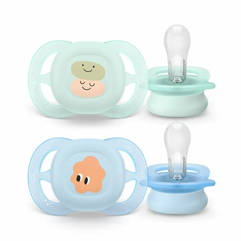 Set 2 suzete bebelusi, Philips Avent, Ultra Start, Ortodontice, Silicon moale, Usoare, Fara inel si fara BPA, Conceputa pentru gurite micute, 0-2 luni, Deco Verde/Albastru