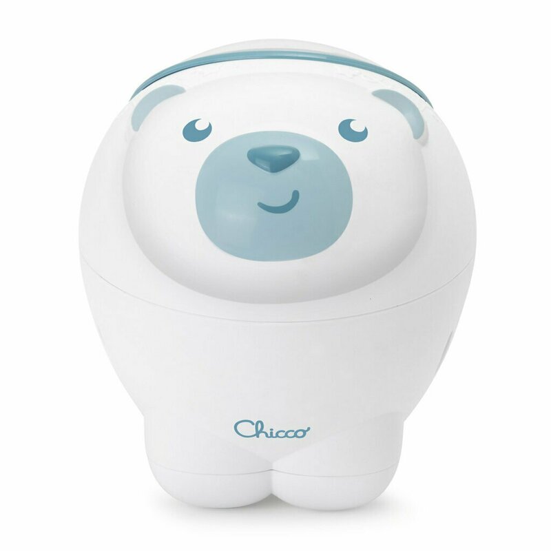 Proiector de pat, Chicco, Urs polar, 2 in 1, Cu muzica si sunete naturale, Functie de activare si dezactivarea proiectie, 2 trepte de volum, 13x13x14.5 cm, Albastru