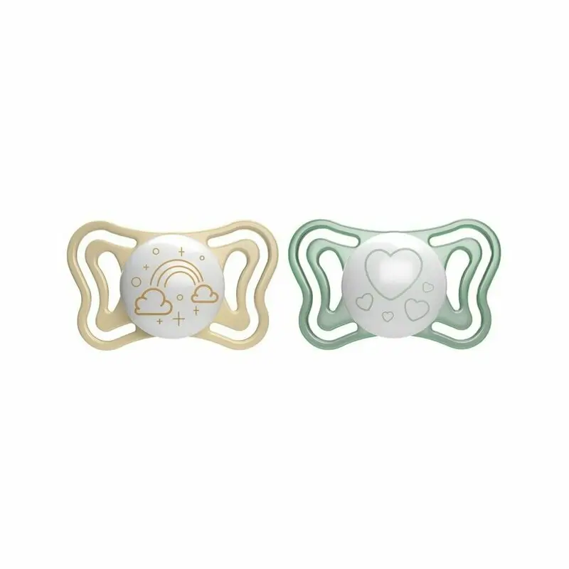 Set 2 suzete bebelusi, Chicco, Physio Light Glow, Ortodontice, Silicon moale, Extra ventilate, Fosforescente, Fara BPA, 2-6 luni, Galben/Verde