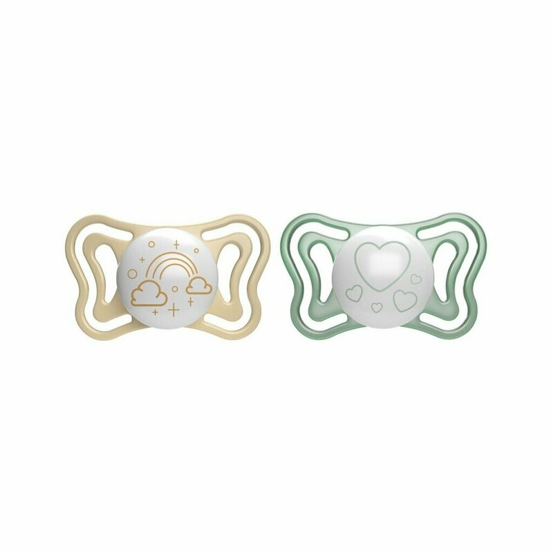 Set 2 suzete bebelusi, Chicco, Physio Light Glow, Ortodontice, Silicon moale, Extra ventilate, Fosforescente, Fara BPA, 2-6 luni, Galben/Verde