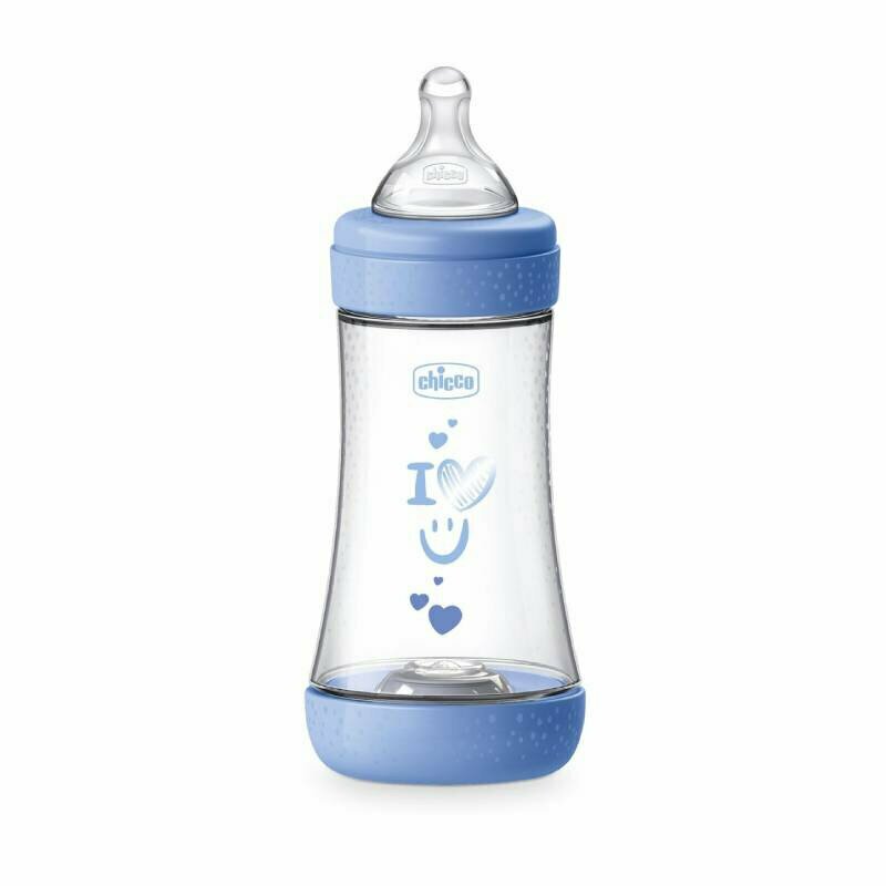 Biberon anti-colici, Chicco, Perfect 5, 240 ml, Tetina din silicon Soft Sense, Sistem Intui-Flow, Membrana Equilibrium, Baza detasabila, Fara BPA, Forma ergonomica, Albastru