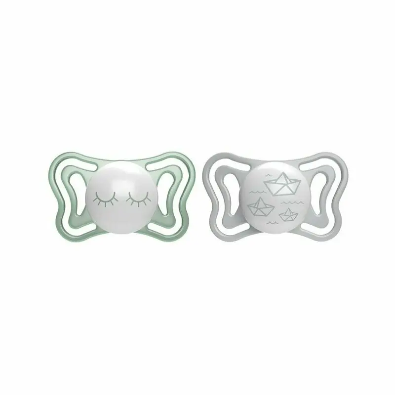 Set 2 suzete bebelusi, Chicco, Physio Light Glow, Ortodontice, Silicon moale, Extra ventilate, Fosforescente, Fara BPA, 16-36 luni, Verde/Gri