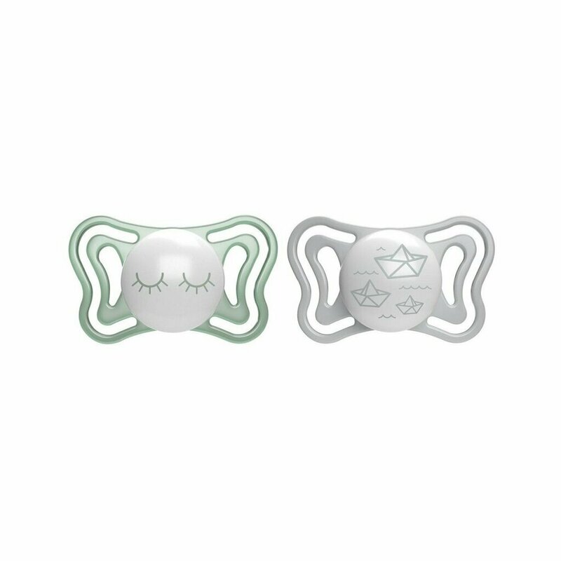 Set 2 suzete bebelusi, Chicco, Physio Light Glow, Ortodontice, Silicon moale, Extra ventilate, Fosforescente, Fara BPA, 16-36 luni, Verde/Gri
